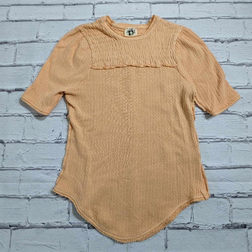 Free People Peach Shirred Round Hem Tshirt